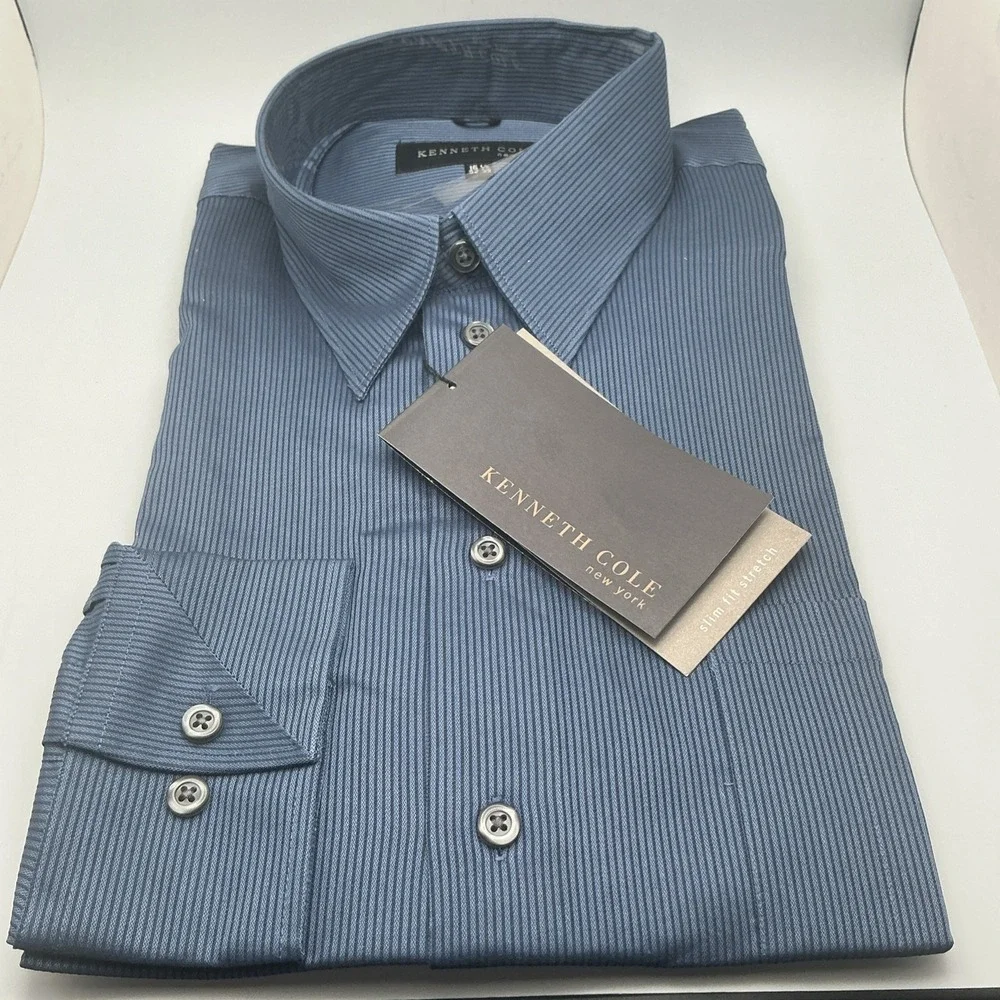 NWT Kenneth Cole NY Slim Fit Stretch Blue Dress Shirt L 16.5 33/33 Black Stripes